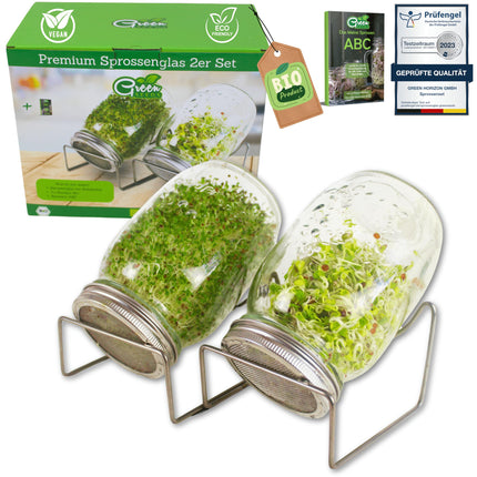 Green SEEDS Sprouting Jar, Set of 2, 1000ml, with High-Quality Stainless Steel Mesh Lid, Stand + FREE Sprouting ABC [Print Version]