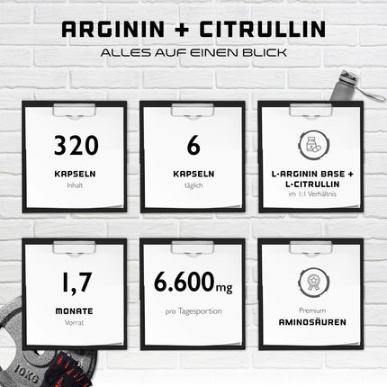 L-Arginine + L-Citrulline - 320 Capsules - 1100 mg per capsule - Citrulline + Arginine Base in a 1:1 ratio - Premium Amino Acids - Laboratory-tested quality - German Elite Nutrition