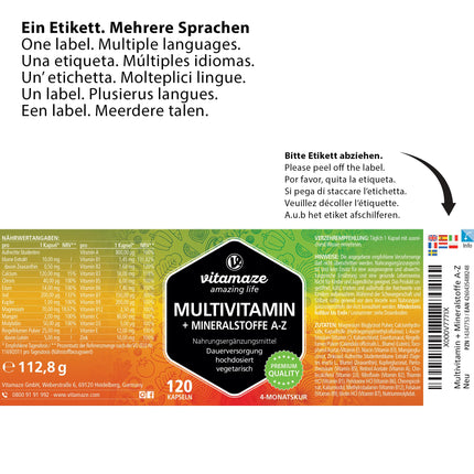 Multivitamin capsules with high dosage, 23 valuable vitamins AZ &amp; minerals, 120 vegetarian capsules for 4 months, vital substances &amp; trace elements optimally combined