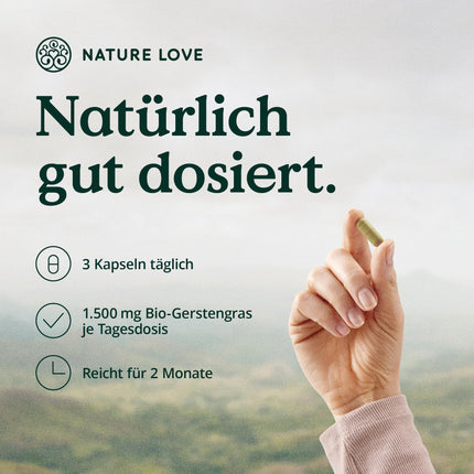 NATURE LOVE® Organic Barley Grass - 1500 mg per daily dose - from German cultivation - 180 Capsules - High dosage, laboratory-tested, certified organic, produced in Germany