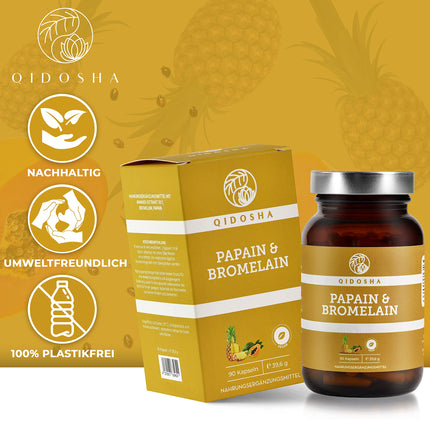 QIDOSHA® Papain Bromelain in enteric-coated capsules, 320 mg per capsule, 90 capsules in a pharmacist glass, highest enzyme activity of 6194 USP (Papain), Papain enzyme from papaya, Bromelain from pineapple