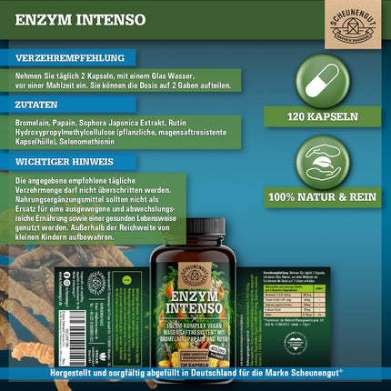 ENZYM INTENSO® Bromelain Capsules - IMPORTANT: Laboratory-tested formula with bromelain (5000 FIP), papain, rutin | pineapple &amp; papaya enzyme - 120 gastro-resistant capsules - SCHEUNENGUT®