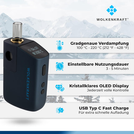 WOLKENKRAFT FX MINI ULTRA Premium Vaporizer - USB-C | Magnetic Slide-In Mouthpiece | Titanium Chamber | Temperature 100-220 °C | Operating Timer 3-5 Min. | 100% Convection *Night Blue*
