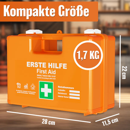 HELDENWERK first aid kit according to the new DIN 13157:2021 including wall bracket &amp; stickers | Universal first aid case for business, household or catering - office first aid kit filled, first aid kit