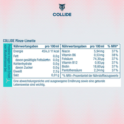 COLLIDE Collagen Drink – Best before: 13.05.2025 – Mint-Lime – 24 x 250ml – Sugar-free – With collagen hydrolysate peptides, vitamins B6 &amp; B12, folic acid, biotin &amp; caffeine – Incl. €6 deposit