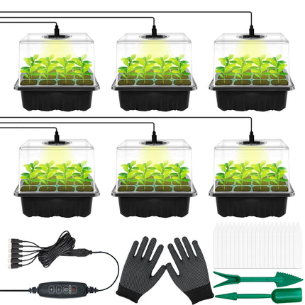 Indoor greenhouse cultivation box, 6 pieces cells mini greenhouse cultivation set with timing controller adjustable brightness, mini greenhouse cultivation box for cultivation with plant lamp and lid
