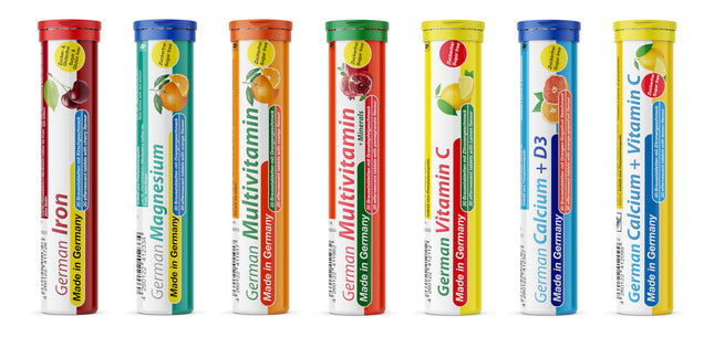 Effervescent Tablets Assortment Mix T&amp;D Pharma - 7x20 = 140 German Effervescent Tablets - Vitamins and minerals in fruity flavors - Made in Germany