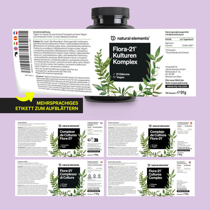 Flora 21® Cultures Complex – 21 bacterial strains + organic inulin – 180 gastro-resistant capsules – Laboratory-tested, vegan, high-dose, and produced in Germany