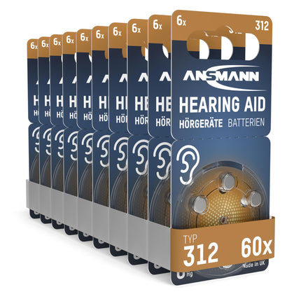 ANSMANN hearing aid batteries type 312 brown P312 ZL3 PR41, 60 pieces, zinc-air 1.4V, storage pack, batteries for hearing aids, easy to reach