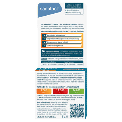 sanotact Lactase 7,000 DIRECT (90 mini lactase tablets) • Lactose tablets for every day • For lactose intolerance, lactose and milk intolerance • Quick to take without water