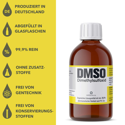 DMSO from AVIOLAforte | Dimethyl sulfoxide with 99.9% pharmaceutical purity from Germany | Brown glass pharmacy bottle | 100ml, 250ml, 500ml, or 1000ml