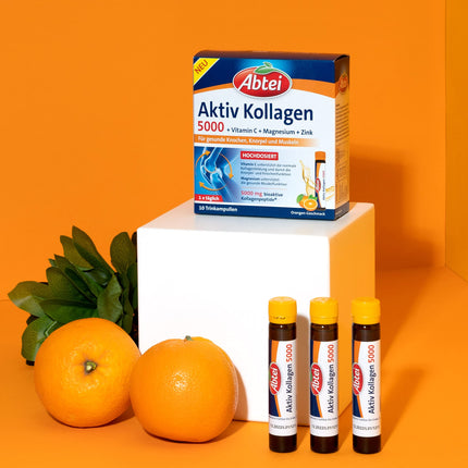 Abtei Active Collagen 5000 - For healthy bones, cartilage, and muscles - with vitamin C, magnesium, and zinc - sugar-free - 1 x 10 drinking ampoules of 25 ml each