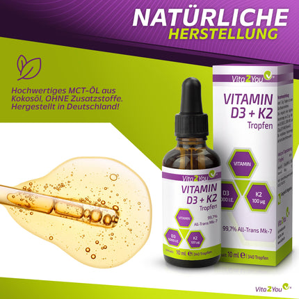 Vita2You Vitamin D3 + K2 Drops - Vitamin D3 5000 IU - Vitamin K2 100µg per drop - K2VITAL - MK-7 - 99.7% All-Trans - MCT Oil - Premium Quality - Made in Germany