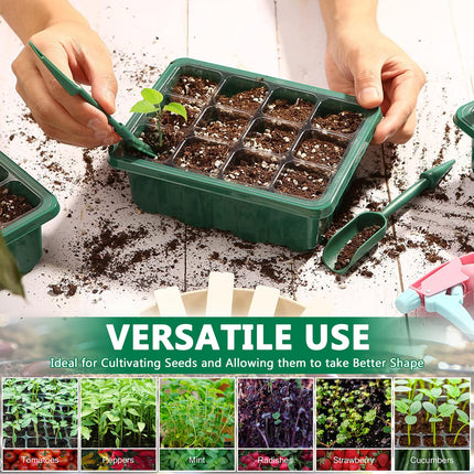 MOYKSRR Indoor Greenhouse Propagator, 10 Pieces 120 Cells Mini Greenhouse Propagation Set with 2 Garden Tools, 3 Shovels, 20 Labels, Propagation Tray with Lid and Ventilation, Balcony Seedling Plant