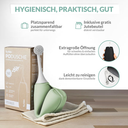 Hey Nature Po Shower Mint, a portable bidet for gentle, hygienic cleansing of the intimate area. A pod shower for postpartum relief, hemorrhoid relief, and as an alternative to moist toilet paper.