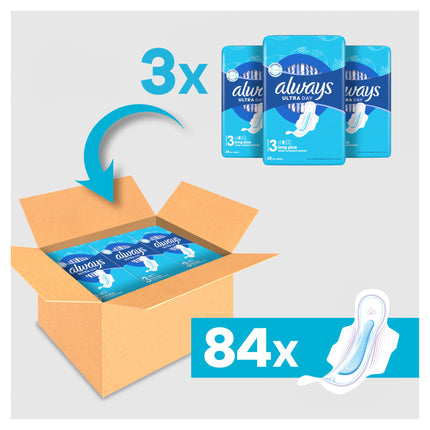 Always Ultra Women's Pads Size 3, Long Plus, 84 sanitary pads with wings (3 x 28 pads), thin and super absorbent, odor-neutralizing and leak-proof