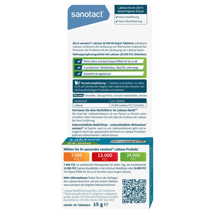 sanotact Lactase 24,000 6h DEPOT (40 lactase tablets) • Lactose tablets with depot effect • For lactose intolerance &amp; milk intolerance • Immediate effect &amp; 6h long-term depot