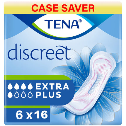 TENA Lady Discreet Extra Plus, 96 incontinence pads (16 x 6 packs) individually wrapped for women with moderate to severe bladder weakness, incontinence and unpredictable leakage