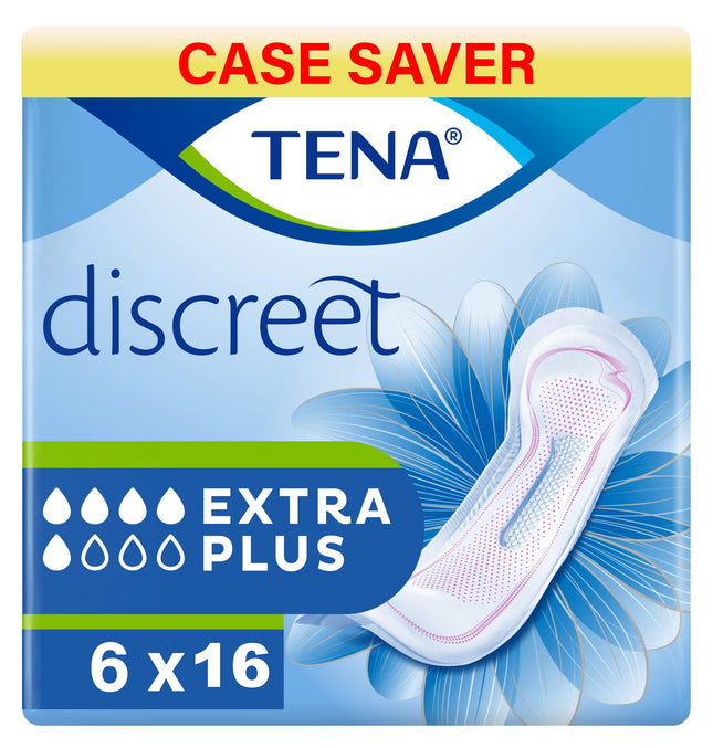TENA Lady Discreet Extra Plus, 96 incontinence pads (16 x 6 packs) individually wrapped for women with moderate to severe bladder weakness, incontinence and unpredictable leakage