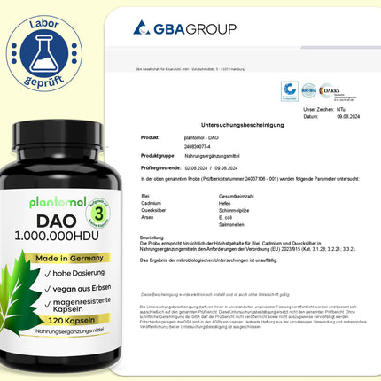 120 DAO capsules - 1,000,000 HDU per day - perfect dosage with 333,333 HDU/capsule (1 to 3 capsules/day) - DAO vegan - DAO enzyme from peas