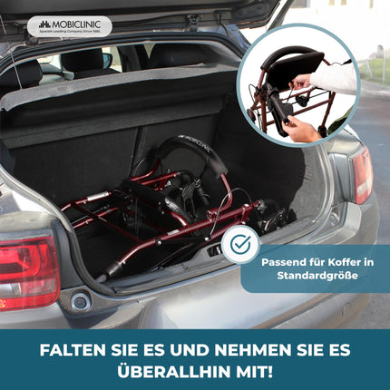 Mobiclinic®, Rollator, Escorial, European brand, Foldable and lightweight, Lockable handbrake, Walking aid, Aluminum, Removable basket, With seat and backrest, Bordeaux