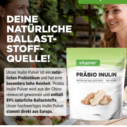 Prebio Inulin Powder - 1100 g (1.1 kg) - High in fiber - Prebiotic - Residue-controlled - Origin: Europe - Naturally derived from chicory root - 100% Vegan