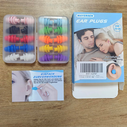 Silicone Earplugs for Sleeping, Noise Cancelling, 10 Pairs, Reusable Earplugs for Sleeping, Concert, Snoring, Travel, Work, 10 Colors, 33 dB SNR