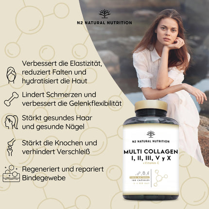 Multi Collagen Capsules High Dose 1650mg Enriched with Vitamin C. Hydrolyzed Collagen Peptides Types I, II, III, V, and X. 180 Capsules. For skin, hair, bones, and joints. N2 Natural Nutrition