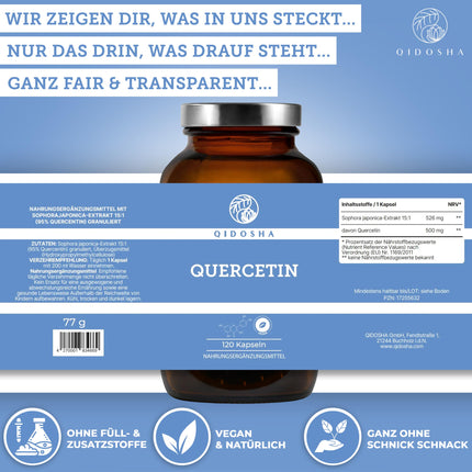 QIDOSHA® Quercetin Capsules High Dose, TEST WINNER 02/23*, 120 pcs/jar, 500mg pure quercetin per capsule, quercetin content tested by external laboratory, German production