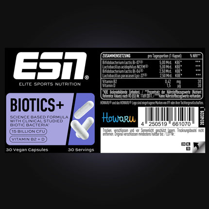 ESN Biotics+, 30 capsules, 450 billion CFU per pack, high-dose, with vitamins B2 and D, only 1 capsule per day, vegan