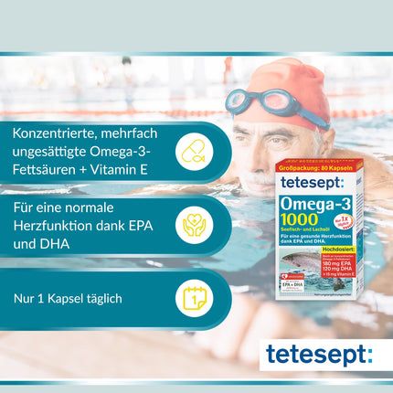 tetesept Omega-3 1000 - Sea Fish and Salmon Oil Capsules - High Dose Omega 3 Fatty Acids DHA, EPA &amp; Vitamin E - Dietary Supplement to Support the Cardiovascular System - 80 Capsules (1 Pack)