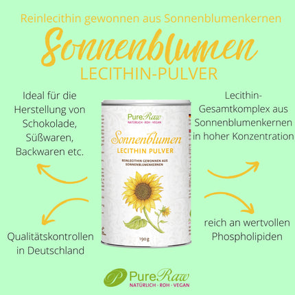 Sunflower Lecithin Powder for Cooking &amp; Baking - Sunflower Lecithin Powder, Vegan Phosphatidylcholine Emulsifier, Fine Granules - Sunflower Lecithin Powder | PureRaw 190g