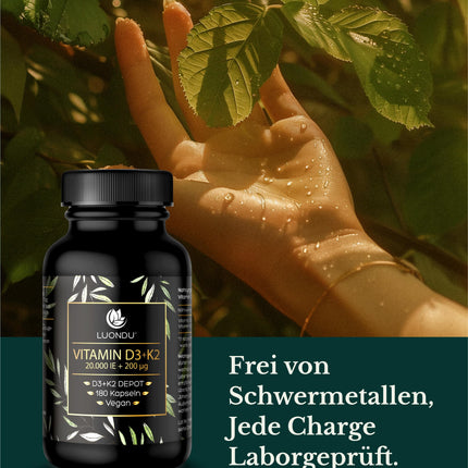 Luondu Vitamin D3 20,000 IU + Vitamin K2 MK7 200 mcg Depot (High Dose &amp; Vegan) high dosage | No additives, Made in Germany (180 Capsules)