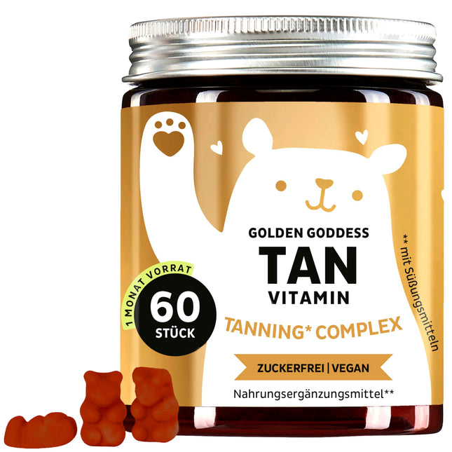 Tanning Gummies - For a sun-kissed tan &amp; natural glow - with lutein, astaxanthin, vitamins C, E, beta-carotene, calcium &amp; copper - Vegan &amp; sugar-free - 60 pieces - Bears with Benefits