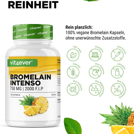 Bromelain Intenso - 750 mg (2000 FIP) - 120 gastro-resistant capsules - Natural pineapple extract - Laboratory tested - Vegan - High dosage