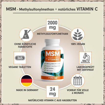 MSM 2000mg per day + natural vitamin C - 365 MSM tablets with methylsulfonylmethane - more compact MSM powder than MSM capsules - high dosage with 1000 mg per MSM tablet - laboratory-tested with certificate