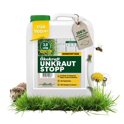 Scheidler Ökokraft Weed Stop Base Vinegar/Acetum 3 Liters – Natural Weed Killer for 500 m2 Extra Strong – Weed Remover for Paths/Paving/Patios – Long-Term Weed-Free
