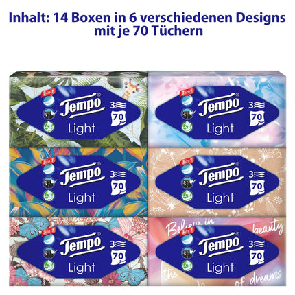 Tempo Light Box Tissues - Megapack - 14 boxes, 70 tissues per box - soft paper tissues, machine washable