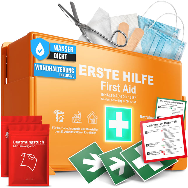 HELDENWERK first aid kit according to the new DIN 13157:2021 including wall bracket &amp; stickers | Universal first aid case for business, household or catering - office first aid kit filled, first aid kit