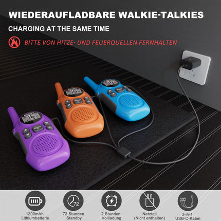 NXGKET Walkie Talkie Set of 3, Walkie Talkie for Kids and Adults, Rechargeable with Li-Ion Battery, Radio Gift for Girls and Boys 4 Years, 3km Range Toy Walkie Talkie with Vox for Outdoors, Camping, Hiking