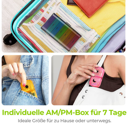 AUVON 7-day morning/evening pill box, 2 compartments, handy and moisture-resistant medication box for your handbag or pocket to store medications (rainbow)