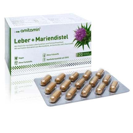 amitamin Liver + Milk Thistle Complex | High-dose capsules | Artichoke, dandelion plus choline for metabolism | 120 capsules - 4 months | Silymarin content 80% | Made in Germany | Vegan