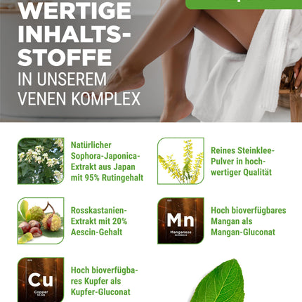 Vein Complex - 180 Capsules - 3 Month Supply - High Dose with Rutin, Sweet Clover, Horse Chestnut Extract, Manganese, Copper - Premium Extracts - Vegan