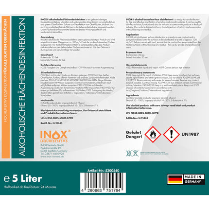 INOX® Surface Disinfectant 5L – Alcohol-based surface disinfectant for all smooth surfaces – Highly effective disinfectant for surfaces