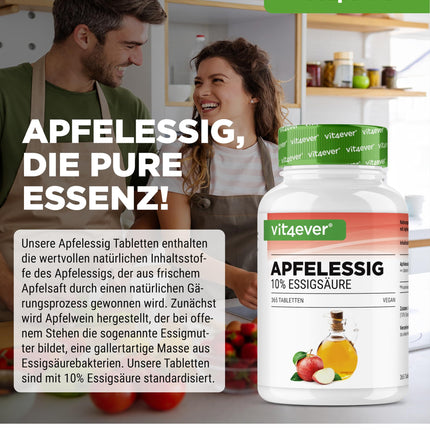 Apple Cider Vinegar - 365 Tablets - High Dose with 1000 mg per Daily Serving - With 10% Apple Acetic Acid - 6 Month Supply - No Unwanted Additives - Vegan