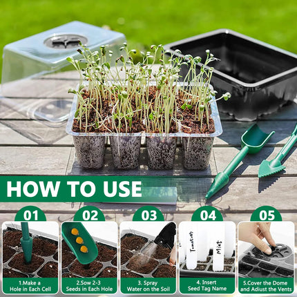 ZHHGOO Indoor Greenhouse Propagator, 10 Pack 120 Cells Mini Greenhouse Propagation Set with 3 Shovels, 2 Garden Tools, 20 Labels, Greenhouse Propagation Tray with Lid for Seedling Plant
