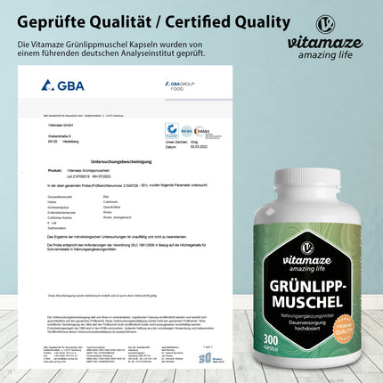 Green-lipped mussel capsules with high dosage: 1500 mg green-lipped mussel powder from New Zealand per daily dose, 300 capsules continuous supply, natural food supplement without additives, made in Germany
