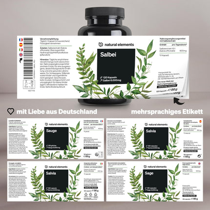 Sage – 120 Capsules – 6000mg sage per daily dose – Sage extract 10:1 – vegan, high dosage, without unnecessary additives – produced in Germany &amp; laboratory-tested