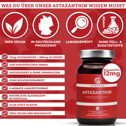 QIDOSHA® Astaxanthin 12 mg from EU raw materials &amp; olive oil, 90 pcs/jar, 12 mg high-dose astaxanthin per capsule, liquid astaxanthin high-dose from Portuguese algae cultivation