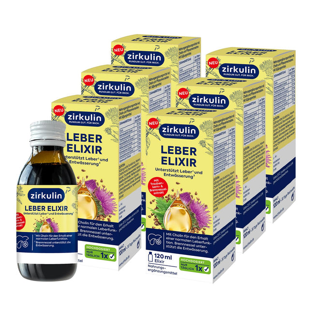 Zirkulin Liver Elixir (6 x 120 ml) – Support for liver health &amp; cleansing – with choline, milk thistle, grape seed and nettle extract – antioxidant &amp; diuretic – for daily use